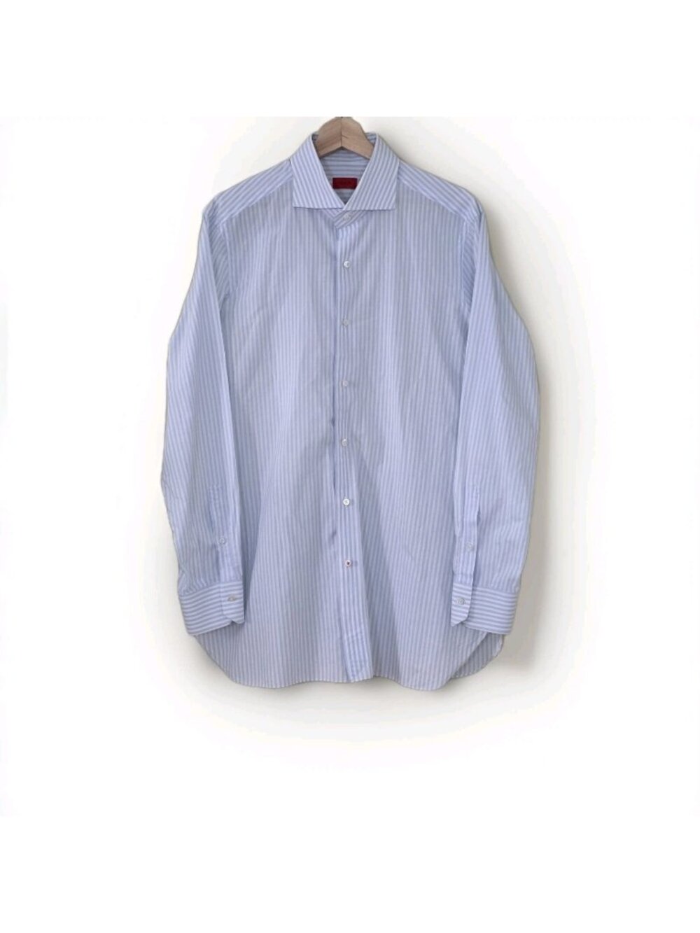 ISAIA Napoli Striped Dress Shirt 16.5 42 White Blue Sartorial Office Italy Made